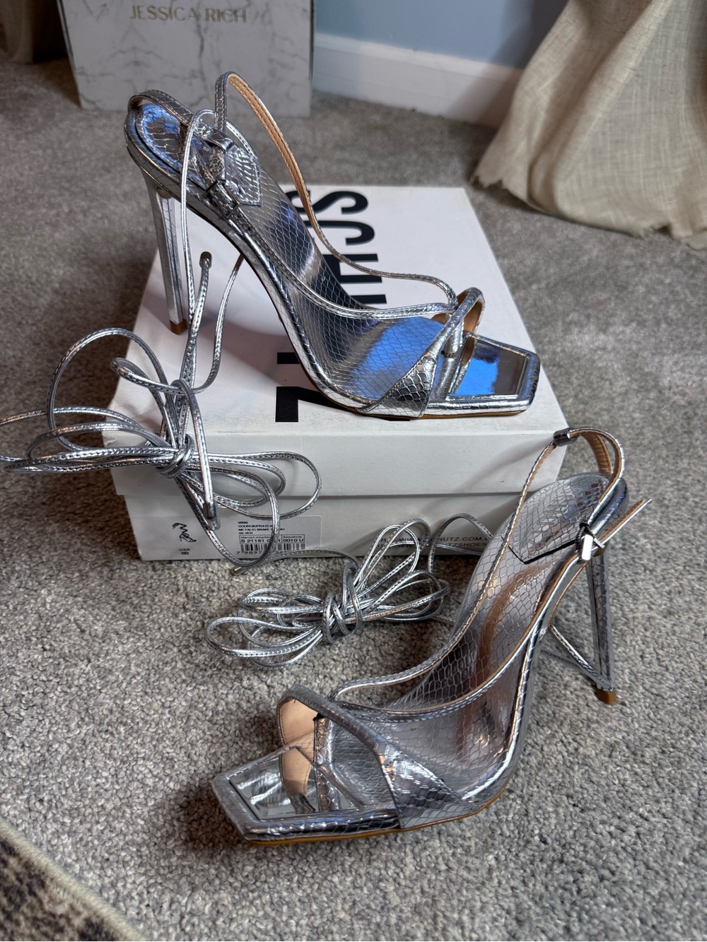 SCHUTZ Silver Snakeskin Lace-Up Square Toe Stilettos